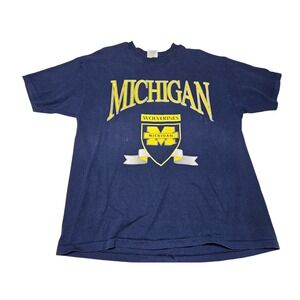 Vintage Michigan Wolverines Graphic T-Shirt Navy LL Hanes Heavyweight USA Tee